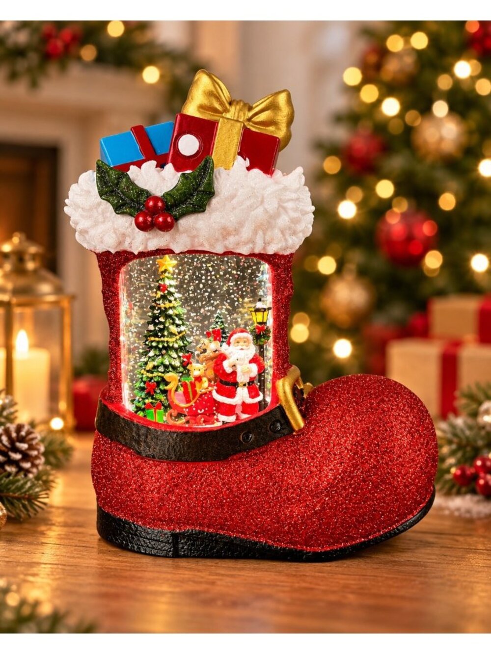 Lighted Santa Boot Christmas Snow Globe Hand Finished